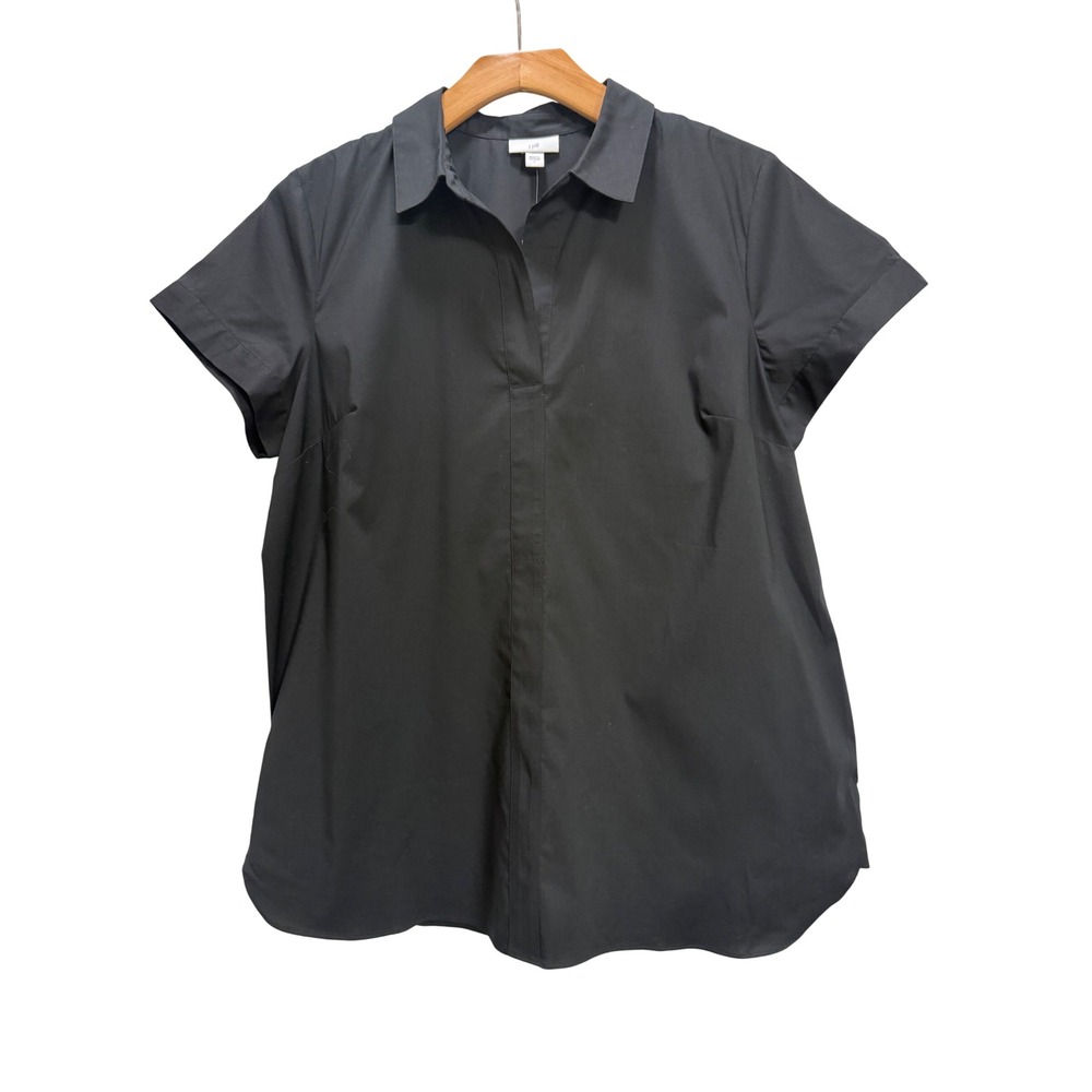 J. Jill NEW Poplin Top Black Y Neck Short Sleeve Gathered Back Work Casual L